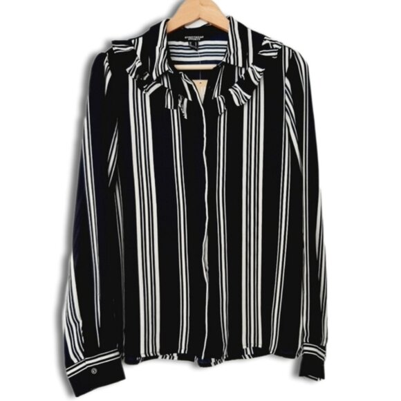 STREETWEAR SOCIETY Ruffle Collar Button Down Striped Shirt Top B&W Sz L - Picture 1 of 13